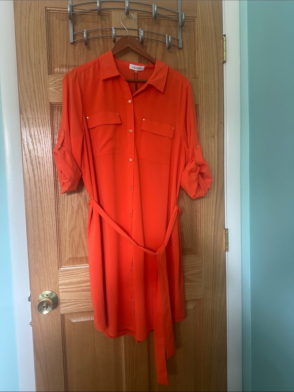 Calvin Klein Bright Orange Button-Front Midi Shirt Dress NW